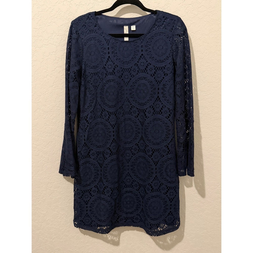 Tacera Navy Blue Medallion Crochet Lace Bell Sleeve Shift Dress Petite Large